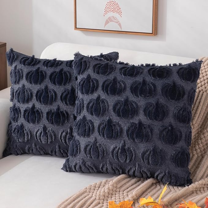 DFXSZ Fall Pillow Covers 18x18 2Pcs Navy Blue Pumpkin Fall Decorations | Fall decor Set of 2 Throw Pillow Cases Soft Plush Faux Fur Wool Couch Cushion for Chair Sofa Bedroom Living Room Home Decor