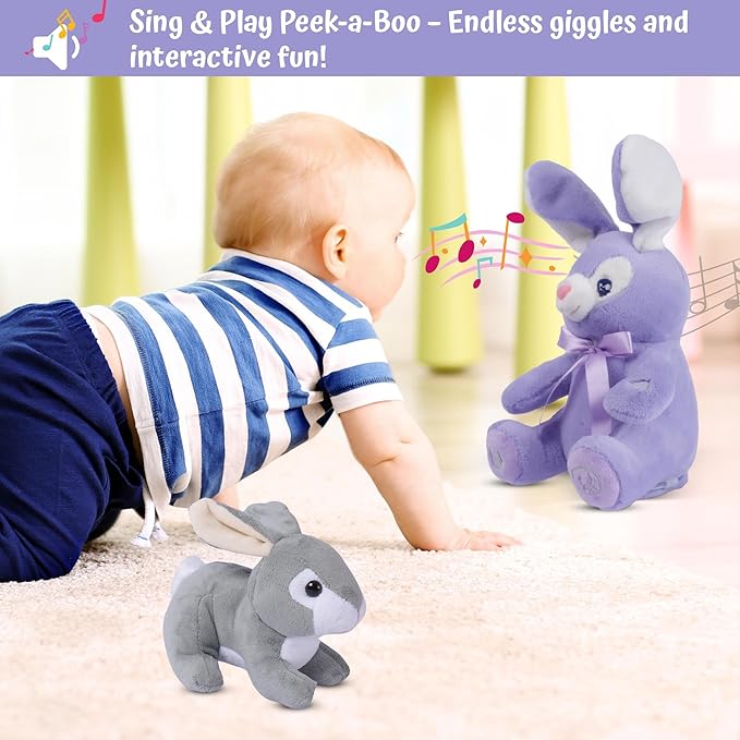 Dimple Bunny Set - Bella Animated Interactive Purple Bunny with Peek-a-Boo Feature and Singing Songs Plus Super-Soft Grey Baby Rabbit Plush - Perfect Baby Plush Toy Gift for Ages 0 and Up