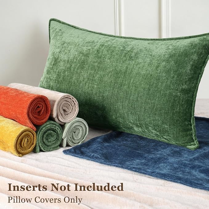 decorUhome Chenille Moss Green Velvet Throw Pillow Covers 24x24 Set of 2 | Fall Soft Euro Sham Couch Decorative Modern Farmhouse Pillow Cases with Elegant Design for Sofa Bed Living Room Home Decor