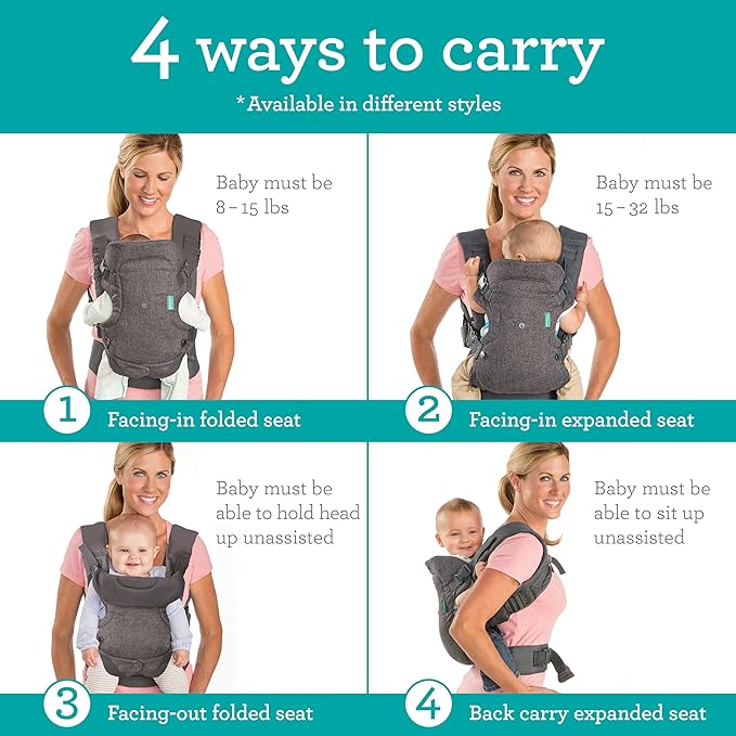 Infantino Flip 4-in-1 Convertible Baby Carrier, Adjustable, Ergonomic Hands Free Babywearing, Registry Essential, Carrier for Newborn to Toddler, Black & Gray Leopard