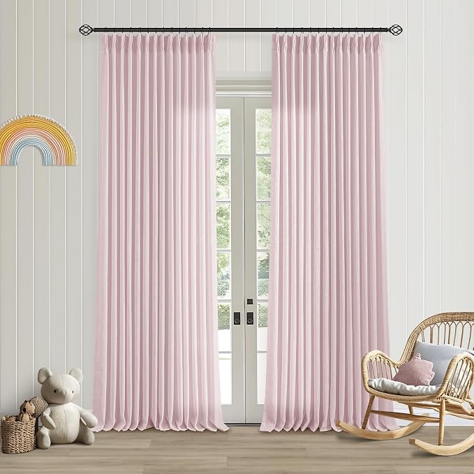 Light Pink Linen Pinch Pleat Curtains 96 Inch Length 2 Panels Set 40x96 | for Nursery Girls Bedroom Living Room, Pinch Pleat Memory Shape Trained, Light Filtering Privacy Semi Sheer, Baby Pink Blush