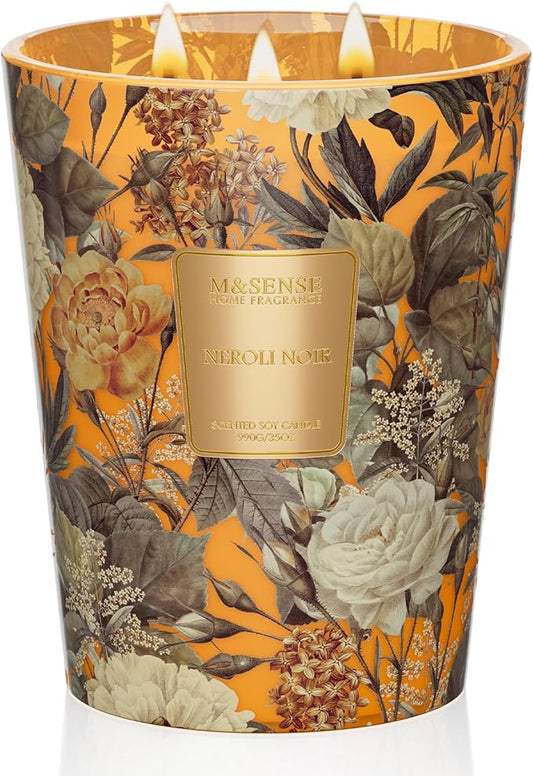 M&SENSE Neroli Noir Soy Large Candles, 3-Wick 35oz 150H Long Lasting, Aromatherapy Candle for Stress Relief Refresh Housewarming Gifts