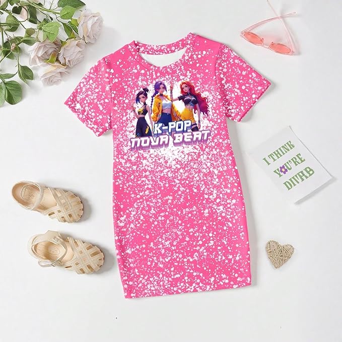 Girl's Anime K-POP Graphic Long Dress T-Shirt - Casual Loose Fit Short Sleeve Top