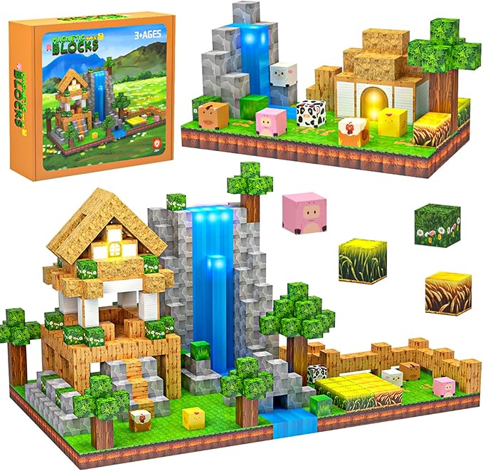 138 PCS Magnetic Blocks, Magnetic Building Blocks for Kids, Farm Construction Magnet Cubes Set for Girls Boys, Sensory STEM Toys for Kids Toddlers Ages 3+ Birthday