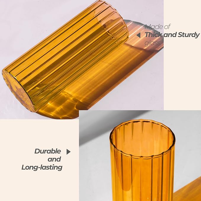 ComSaf Glass Cylinder Vase 8 Inch Tall, Amber Ribbed Decor for Centerpieces | Decorative Flower Vase, Hurricane Floating Candle Holder, Wedding Decor, Reception Table, Home Accent, Housewarming Gift