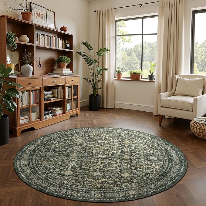 8ft Area Rugs for Living Room Bedroom, Green Washable Non-Slip Carpet | Soft Boho Area Rug for Dining Room Home Office Indoor Nursery, Stain Resistant, Low Pile, Foldable Vintage Distressed Rug