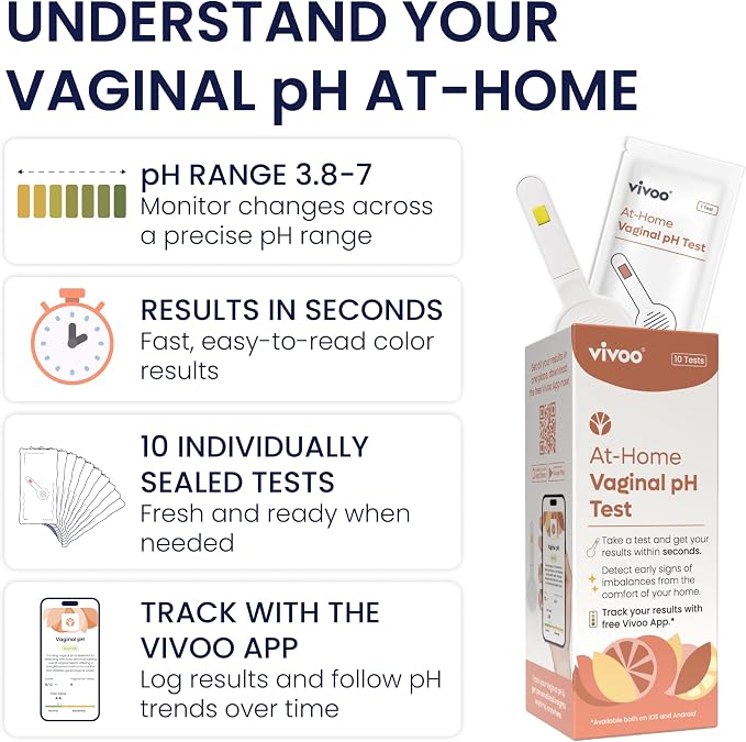Vivoo Vaginal pH Test Strips for Women — 10 Count At-Home BV & Yeast Infection Test Kit | 30-Second Results | Easy Color Chart | pH Tracking with Free App | Bacterial Vaginosis Screening