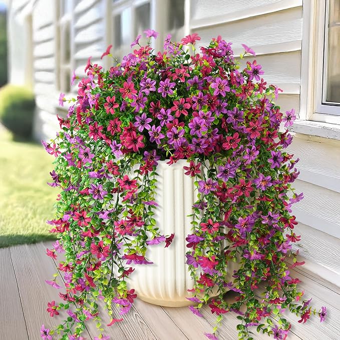 Artificial Fake Hanging Flowers Plants for Outdoor Spring Summer Decoration | 2 PCS Faux Silk Daisy with Eucalyptus Leaves,UV Resistant Look Real for Outside Home Planter Porch Patio Balcony Yard Decor