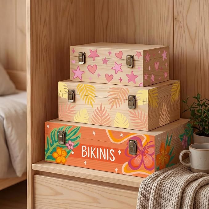 Sliner 3 Pcs Wooden Decorative Storage Boxes with Lids Vintage Wood Organizer Bins for Your Bookshelf Home Decor Safely Store Photos Documents Memory Jewelry Craft Storage (Natural Wood,S M L Size)