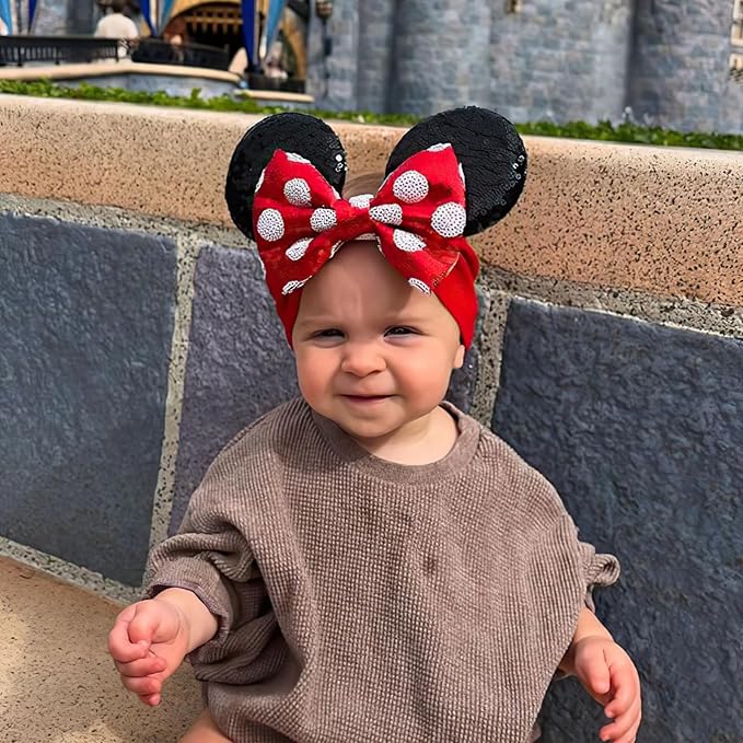 2Pcs Red Baby Girl Large Mouse Ears Dot Headbands with Sequin Bow, Wide Nylon Turban Hairband, Theme Park Headwear, Hair Bow Headband for Toddler, Kids, Party Supplies