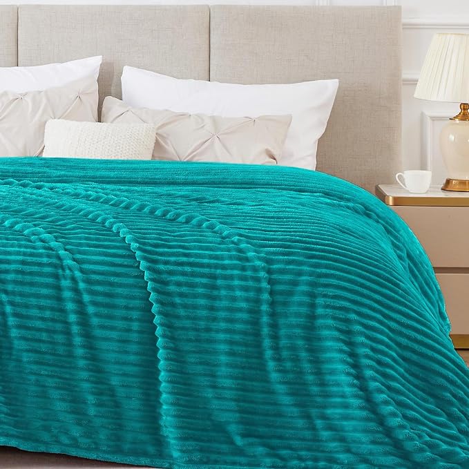 BEDELITE Ribbed Jacquard Ocean Blue Blankets Queen Size for Bed, 90x90 Inch | Soft Warm Decorative Fluffy Blanket, Cozy Fuzzy Lightweight Plush Fleece Throw Blankets for Bed, Room Decor, Gift for Women