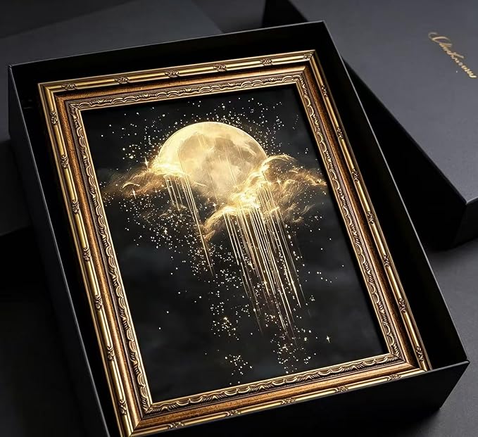 Vintage Gold Framed Golden Moon Celestial Wall Art,Moody Celestial Painting Canvas Print,Glittering Golden Rain & Sparkling Stars Wall Decor,Gothic Night Sky Stars Artwork,for Bedroom Living Room Bathroom