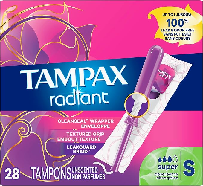 Tampax Radiant Tampons, Super Absorbency, with Leakguard Braid, Unscented, 28 Count (Pack of 2)