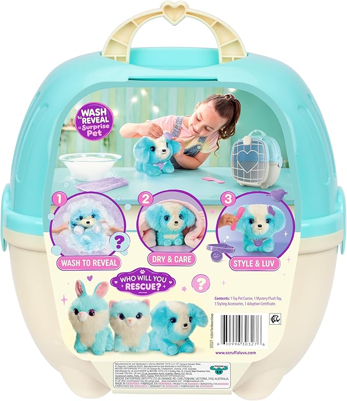 SCRUFFALUVS Pet Scruffs Blue - Mystery Plush Toy, 7.5" Tall - Wash to Reveal 1 of 3 Rescue Pets: Puppy, Bunny, or Kitty - Includes 8.7" Deluxe Pet Carrier - Styles May Vary