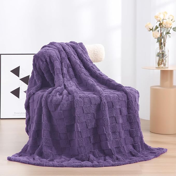 Lavender Fleece Throw Blanket 60”×80”Checkered Design for Couch | Super Soft Cozy Plush Microfiber 3D Square Pattern Flannel Blanket for Sofa Bed Lightweight for Adults,Women