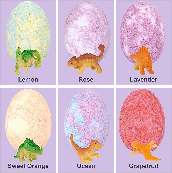 Dino Egg Bath Bombs(4.23oz) for Kids with Surprise Dinosaur Toy – 6 Pack Organic & Natural Bath Fizz, Relaxing Spa Set, Birthday & Christmas Gift for Boys & Girls