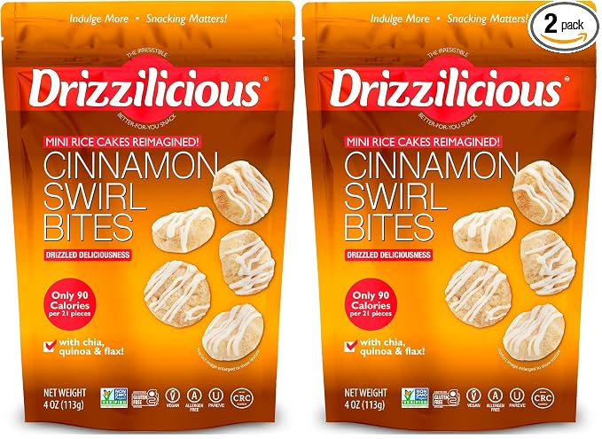 Drizzilicious Mini Rice Cakes Cinnamon Swirl - Rice Crisps, Healthy Snack for Adults and Kids, Flavored Rice Cakes, Vegan, Gluten Free, Allergen Free, Only 90 Calories Per Serving - 4 oz (Pack of 2)