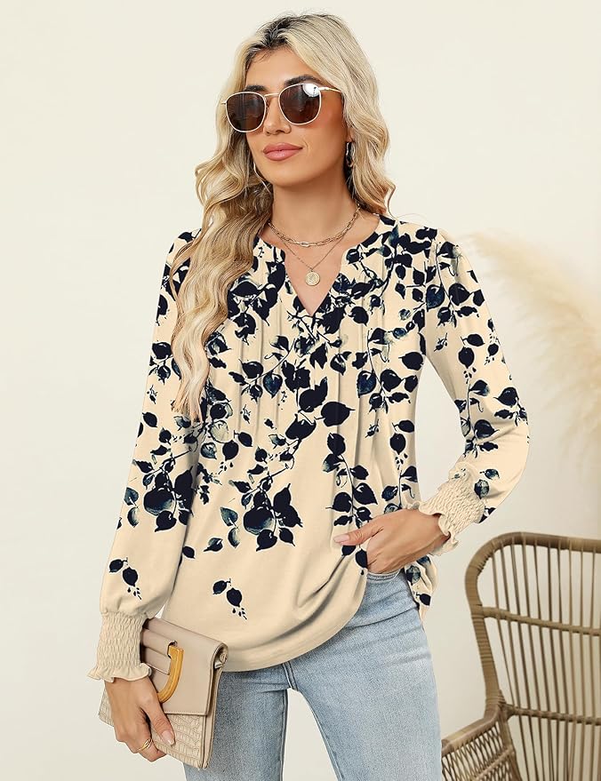 LOMON Womens Tops Dressy Casual Pleated Ruffle Long Sleeve Tunics Tops to Wear with Leggings V Neck Work Blouse