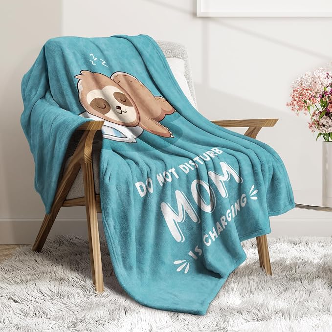 Leebbsin Funny Gifts for Mom, Birthday Gifts for Mom from Daughter Son | Mom is Charging Sloth Blanket, 60" x 80", Cyan, Mom Gift for Christmas Mothers Day, Soft Sloth Throws Blanket for Mother