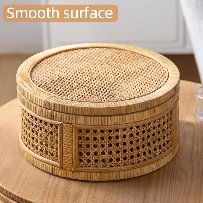 Rattan Decorative Box, Boho Decorative Boxes with Lids, Set of 2 Round Farmhouse Wicker Storage Box, Natural Woven Cane Bins for Home Decor