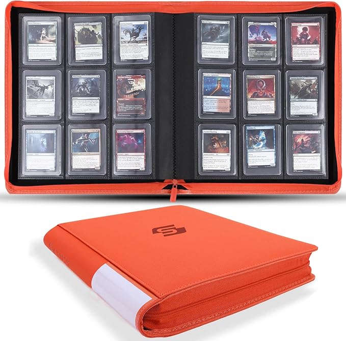 Snekdy Top loader Binder, 9 Pockets Top Loader，Holds 360 Top Loaders cards, Card binder with Sleeves for card in 3 x 4 inches color smooth Zipper PU Leather (Orange)