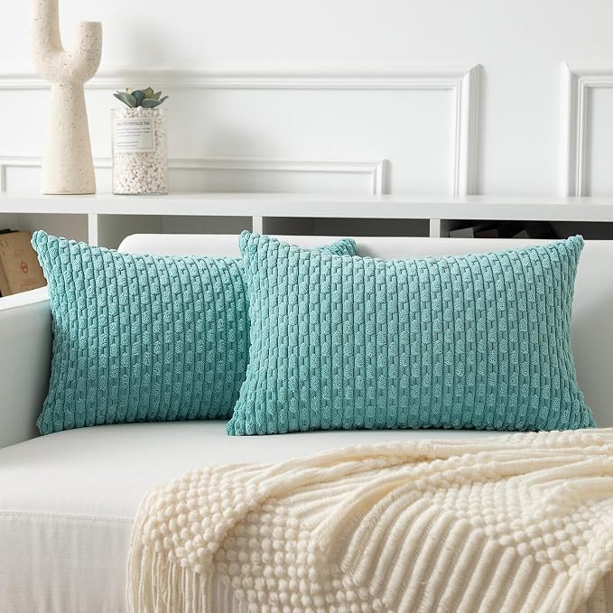 Kevin Textile Soft Corduroy 12"x24" Lumbar Pillow Cover 1 Pack, Aqua Green | Boho Stripe Plush Corduroy Decorative Oblong Cushion Cover Modern Farmhouse Home Decor for Sofa Couch Bed Chair