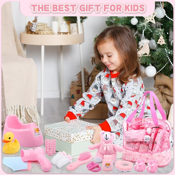deAO 40 Piece Baby Doll Accessories Bag with Baby Feeding Accessories, Clothes, Doll Bear, Bath Toys, Soother Dummy and Much More - Great Nurturing Pretend Toy for Kids!