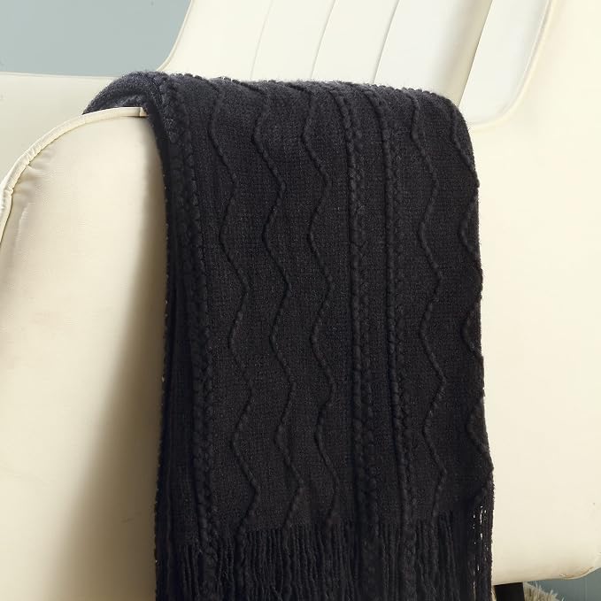 CREVENT Knitted Decorative Throw Blanket for Couch Sofa Chair Bed，Soft Warm Cozy Light Weight for Spring Summer (50''X60'' Black)