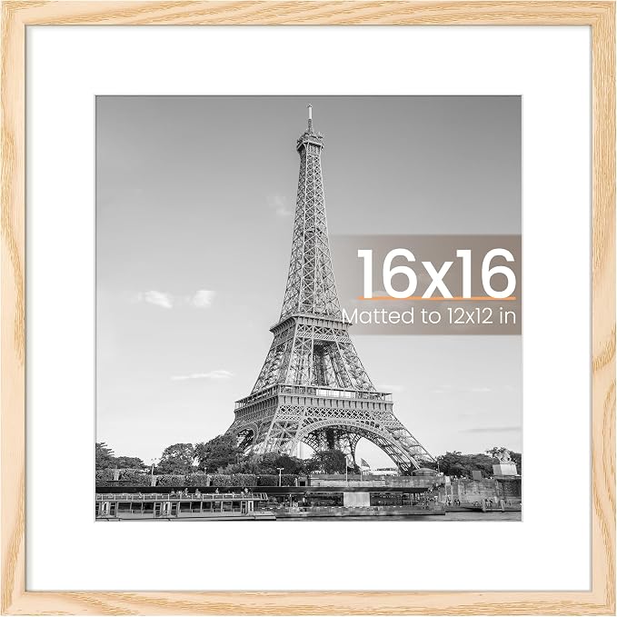 upsimples 16x16 Picture Frame, Display Pictures 12x12 with Mat or 16 x 16 Without, Wall Hanging Square Frames, Natural Style, 1 Pack