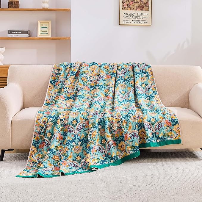 XIBLC Boho Blanket Throw Quilt, 100% Cotton Soft Light Weight Throw Blankets for Summer, 60"x80" Farmhouse Flower Decorative Blankets, All Season Rustic Reversible Bohemian Throw Quilt