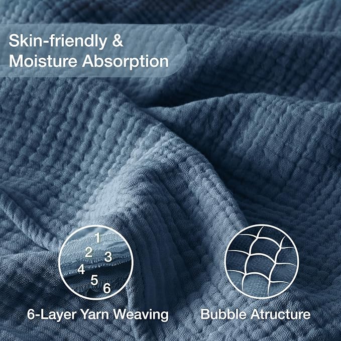 100% Cotton Throw Blanket 50" x 70" Dark Blue, 6 Layers Large Breathable and Lightweight Cotton Blanket for Bed and Couch, Soft Quilt Bedspread, Gauze Blanket for Adults All Season, Blue