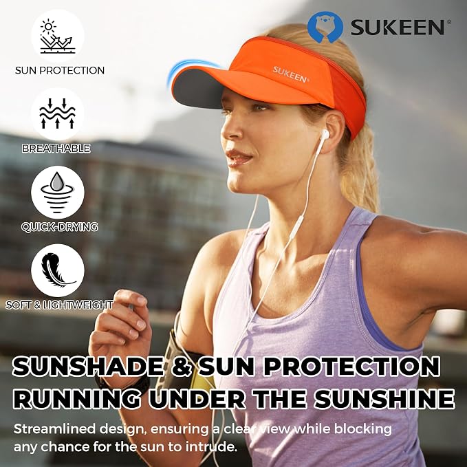 Sukeen Lightweight Sports Sun Visor Hat for Men Women | Packable, breathable, quick-dry, UPF50+ cooling visor hat, stretch fit, for running, tennis, golf, pickleball, softball