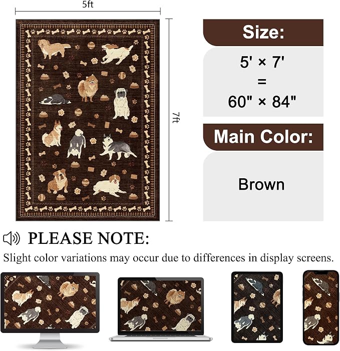 DUKINO 5x7 Area Rugs, Washable Dog Rug for Kids Room Non Slip, Brown | Low Pile, Stain Resistant, Soft Animal Carpet for Living Room Bedroom Dining Room Farmhouse, Kid & Pet Friendly, Non Shedding