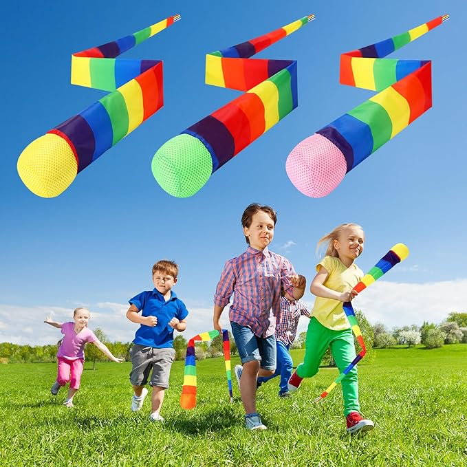 Leyndo 12 Pcs 35 Inch Throw and Catch Balls with Rainbow Tail, Soft Sports Play Comet Balls Playground Toys Bulk for Kids Adults Games and Activities Fun Throwing School (Classic)