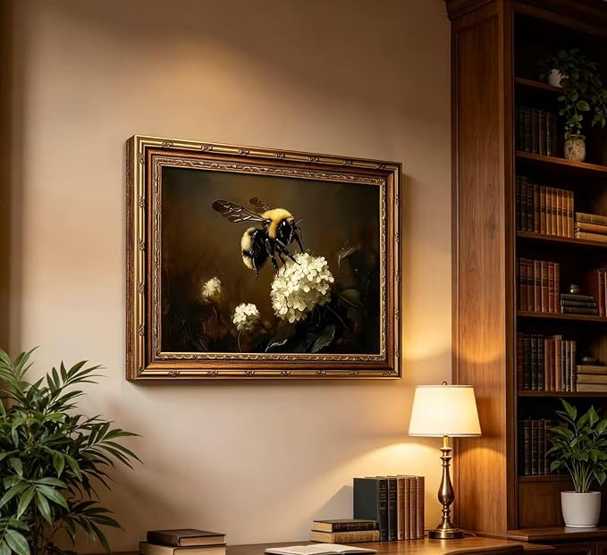 Vintage Gold Framed Bee Wall Art Dark Academia Insect Painting Canvas Print Gothic Moody White Hydrangea Picture Wall Decor Rustic Farmhouse Animal Poster Artwork for Living Room Bedroom Bathroom