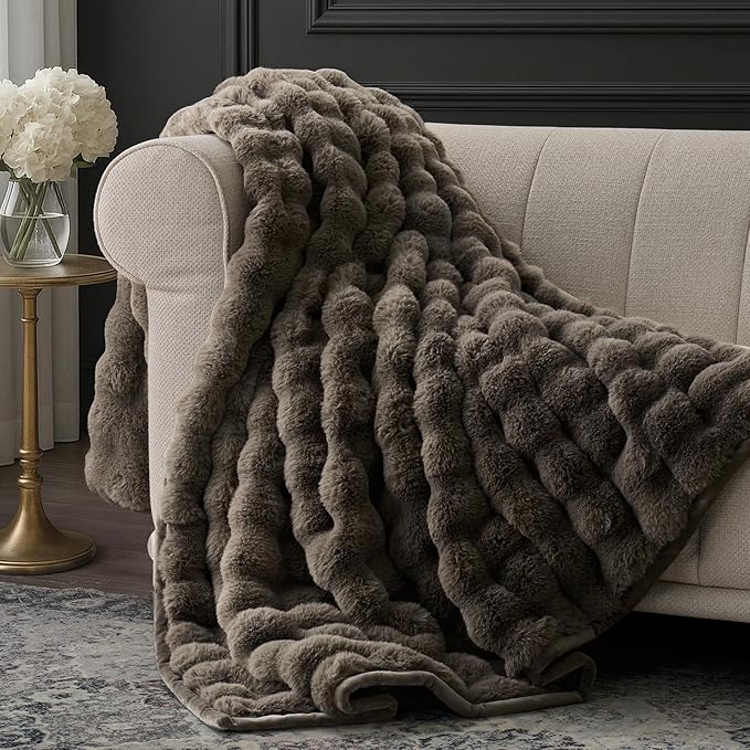 Faux Rabbit Fur Bubble Throw Blanket, 50"x60", Dark Taupe | Ultra Soft, Luxury Faux Rabbit Fur Throw, Thick Warm Bubble Blanket, Cozy Fluffy Reversible, for Bed, Couch, Chair, Sofa