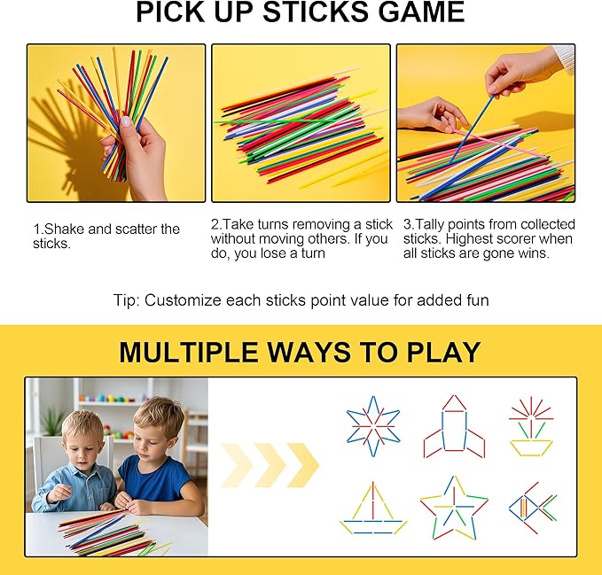 Classic Pick Up Sticks and Jacks Game with Ball Set, Includes Red Rubber Balls, Gold and Silver Metal Jax, Colorful Pick Up Sticks, Storage Box and Bag, Fun Retro Game for Kids Adults Family