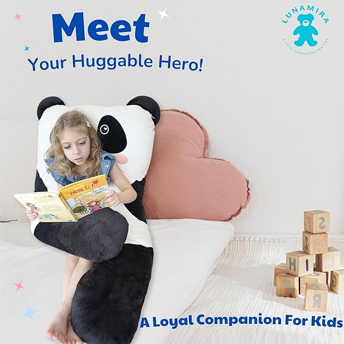 LUNAMIRA Panda Kids Body Pillow - 47" U-Shape Long Plush Soft Animal Pillow for Kids, Sleeping, Reading, ADHD & Special Needs Comfort, Anxiety, Washable Cover, Snuggle Fun Cuddle Gift for Boys & Girls