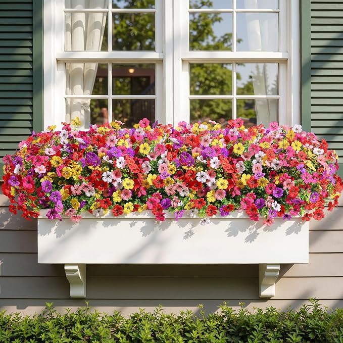 Alupssuc 48 Bundles Artificial Daisy Flowers UV Resistant for Outdoor Decor | Silk & Plastic, Spring Faux Plants Greenery, Bendable Stems, for Porch Patio Hanging Window Planter Yard Outside, 6 Colors