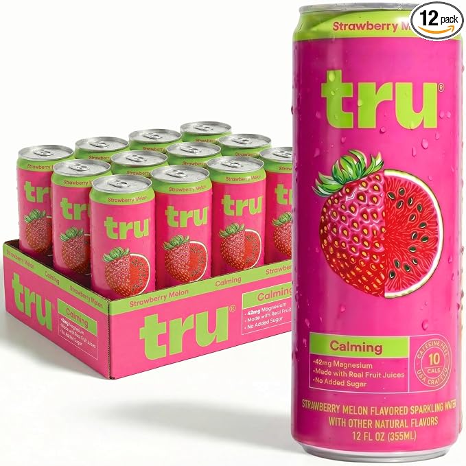Tru Calming Drink, Magnesium Glycinate Sparkling Water with Real Fruit Juice, Strawberry Melon Flavored Seltzer, Caffeine Free, No Added Sugar, Keto, Vegan, Kosher, Gluten Free, 12 Fl Oz (Pack of 12)