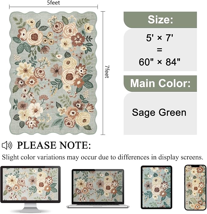DUKINO 5x7 Area Rugs for Bedroom, Floral Washable Rug Non Slip, Sage Green | Low Pile, Soft, Stain Resistant Throw Rugs for Living Room, Dining Room, Office, Nursery, Pet Friendly, Modern Home Decor
