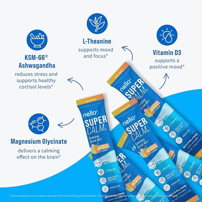 Nello Supercalm Powdered Drink Mix, Cortisol Reducer and Sleep Aid Supplement, L Theanine, Ksm-66 Ashwagandha, Magnesium Glycinate, Vitamin D 3, No Sugar, Non GMO, On The Go, 20 Ct, Rainbow Sherbet