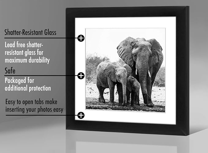 Americanflat 11x11 Picture Frame with Shatter-Resistant Glass - Use as 8x8 Frame with Mat or Display 11x11 Photo Without Mat - Signature Collection - Square Frames for Wall Display - Black | Shatter-resistant glass, sawtooth hangers included, use with ...