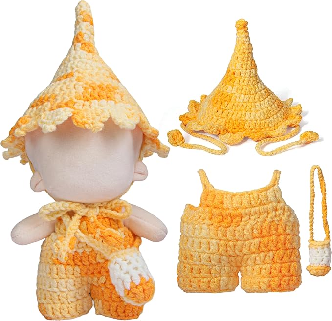 17cm Doll Clothes - Handmade Dreamy Elf Style Set, Premium Dolls Outfit with Accessories - Bright Yellow One-Piece Trousers + Gradient Color Hat + Matching Bag (NO Doll)