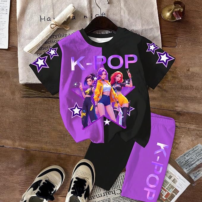K-POP DEM0N Hunters Outfits for Girls, 2 Piece T-Shirts and Apparel Sets Birthday Gift