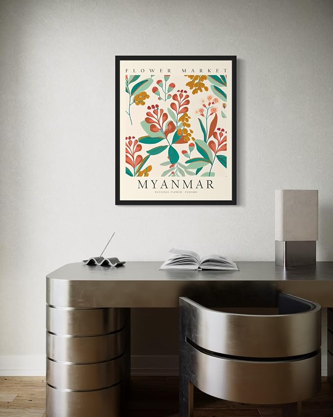Myanmar Flower Market Art Print Poster, Wall Art Floral Painting Botanical Decor for Bedroom, Kitchen, Bathroom Livingroom Decoration 82B (Myanmar, 14"L x 11"W, Black Frame)