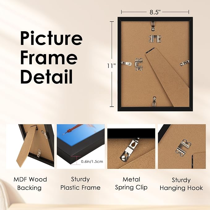 8.5x11 Picture Frame, Black Photo Frame with HD Plexiglass, Display Pictures 6x8 with Mat or 8.5x11 Without Mat, Picture Frames Collage for Tabletop or Wall Display, 2 Pack