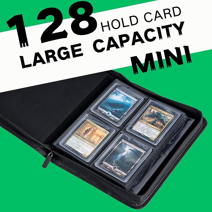Top loader Binder, Holds 128+ Toploaders, 4 Pocket Top Loader Card Storage Case, Double-Sided Pockets for trading card in 3 x 4'' Toploaders (Grass Green)