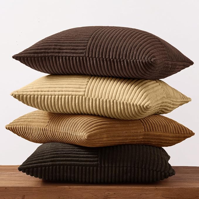 MIULEE Boho Decorative Throw Pillow Covers 18x18 Set of 4 Farmhouse Neutral Cushion Cases Gradient Corduroy Pillow Cases Modern Soft Corduroy Patchwork Home Decor for Couch Sofa Bedroom Camel Brown