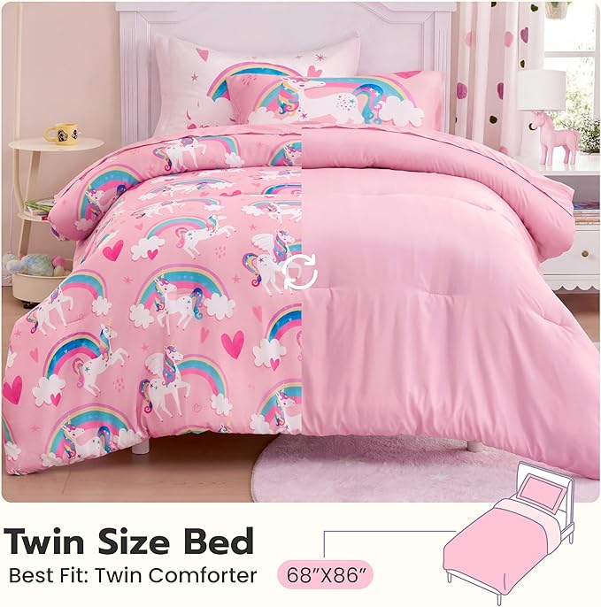 Joiedomi Kid Twin Comforter Set 5 Piece Unicorn Rainbow Bedding Set for Boys/Girls Super Soft Microfiber Bed in a Bag with Comforter Sheets Pillowcase & Sham